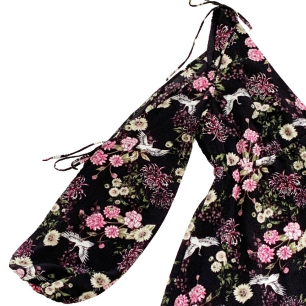 Kensie Dress Black Pink Floral Crane Motif Long Sleeve Cold Shoulder Large - Picture 8 of 15